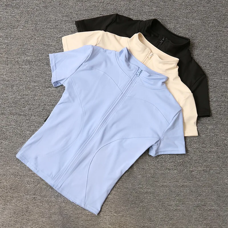 

Летние высококачественные тренировочные топы для похудения, женские облегающие рубашки с воротником-стойкой и короткими рукавами на молнии