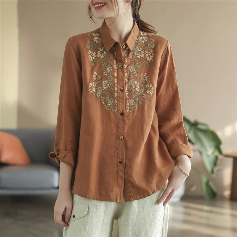 Vintage Embroidery Comfortable Loose Cotton Linen Button Up Shirt Women Casual Street Long Sleeve Blouse Top Female Clothing2023