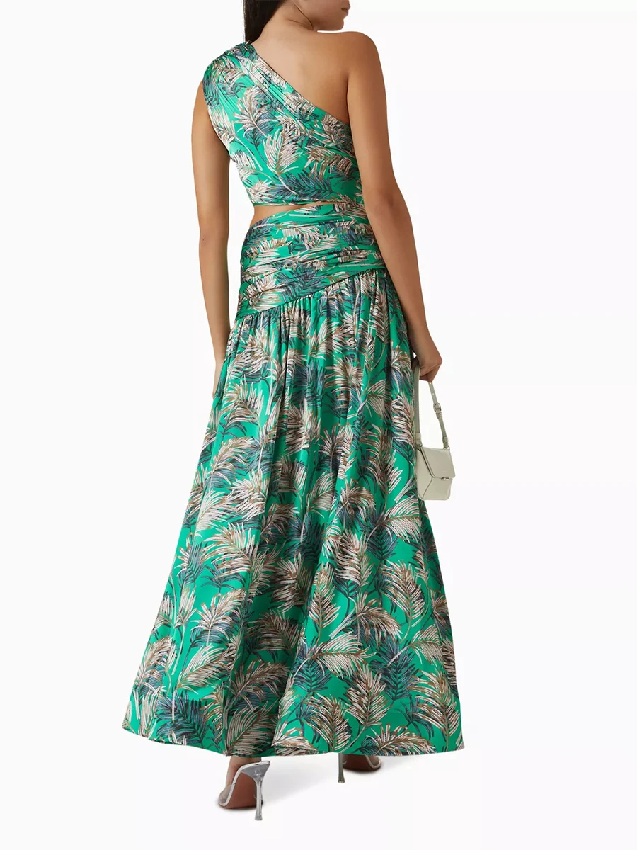 TWOTWINSTYLE Printing Slimming Spliced Folds Two Piece Sets for Women Diagonal Collar Sleeveless Top High Waist Skirt Set Female