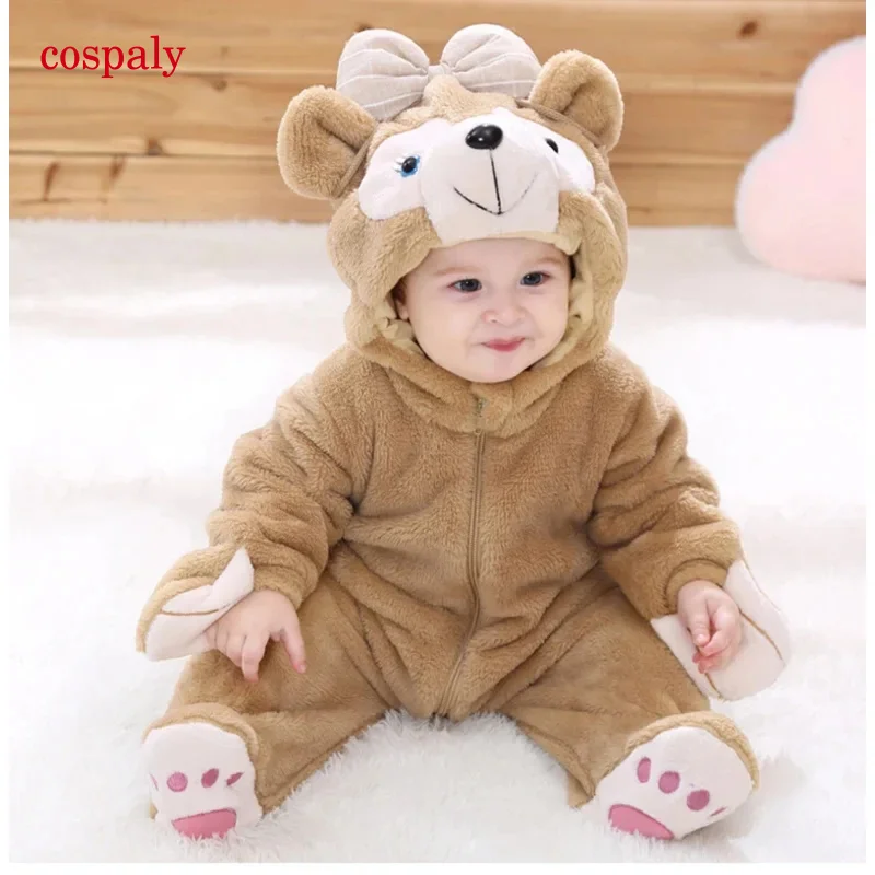 A Newborn Baby Long Sleeve Duffy Bear Cosplay Costume Cute Animal Rompers Hooded For Boys Girls Warm Cotton Footed Overall Cloth