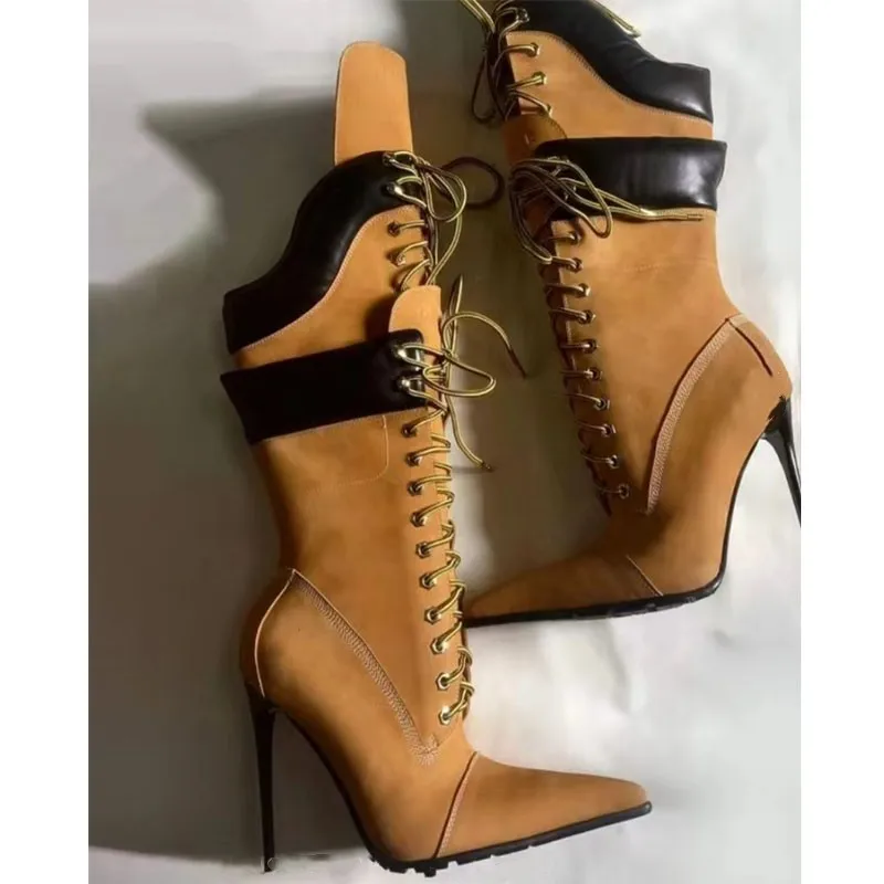 2025 Donna Autunno Inverno Stivali con tacco alto per donna Lace-Up Punta a punta Tacchi sottili Botas Mujer Stivale sexy a metà polpaccio a doppio strato