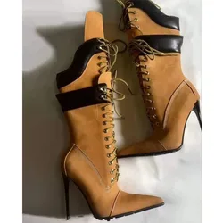 2025 Women Autumn Winter High Heels Boots For Woman's Lace-Up Pointed Toe Thin Heels Botas Mujer Double-Layer Sexy Mid-Calf Boot