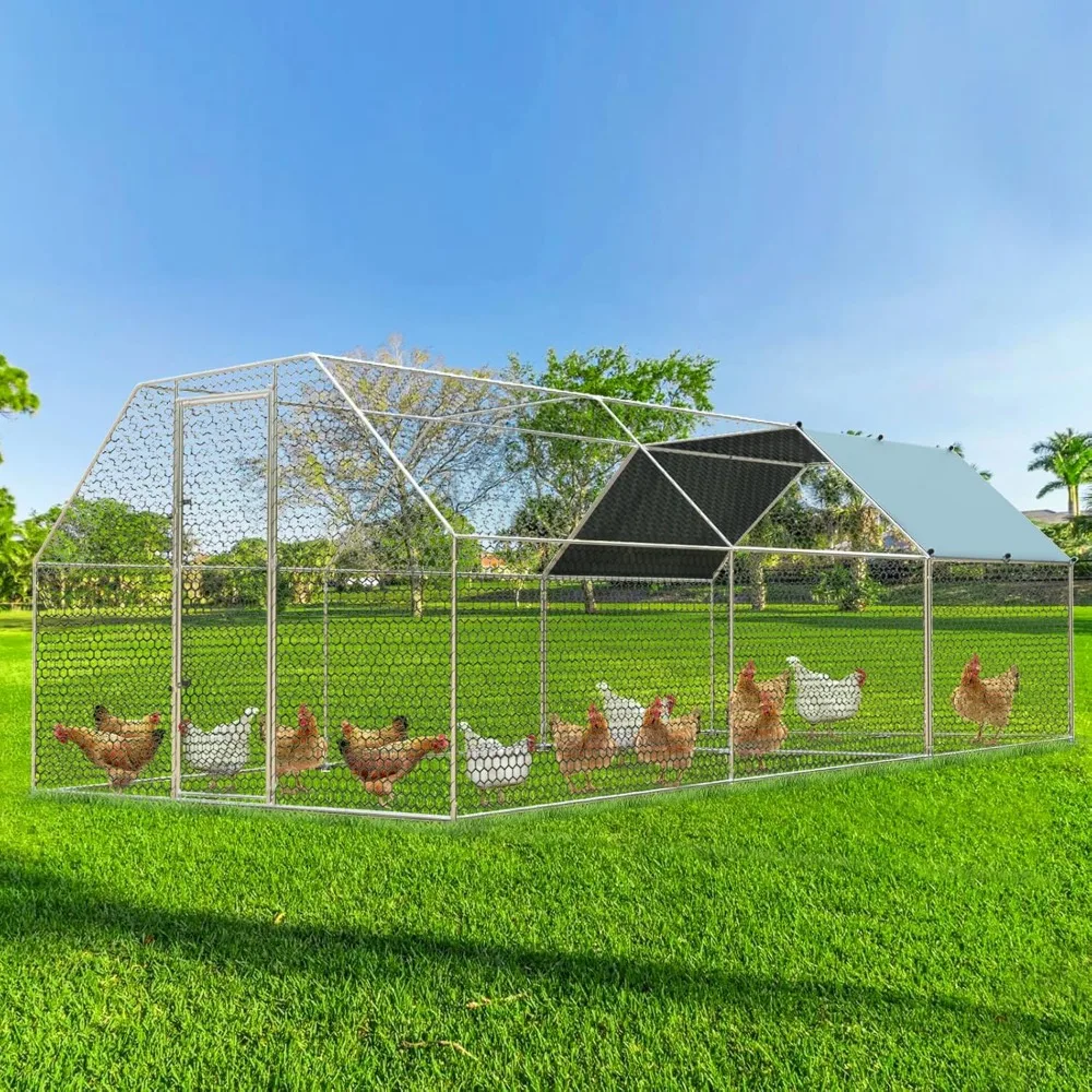 

4ever2buy Large Metal Chicken Coop with Run Walk-in Poultry, Cage Chicken Runs House Pen Cage, Flat Roofed Chicken Coops with An