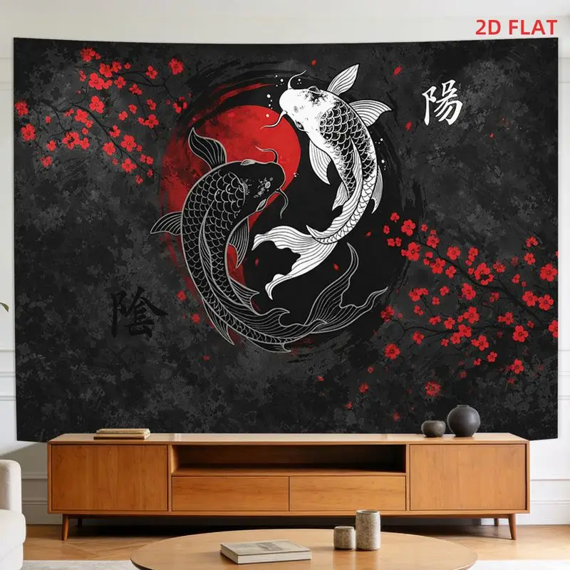 VIKAMA Yin Yang Koi Fish Tapestry Japanese Sakura Wall Hanging Fade Resistant For Bedroom Dorm Aesthetic Background Home Decor