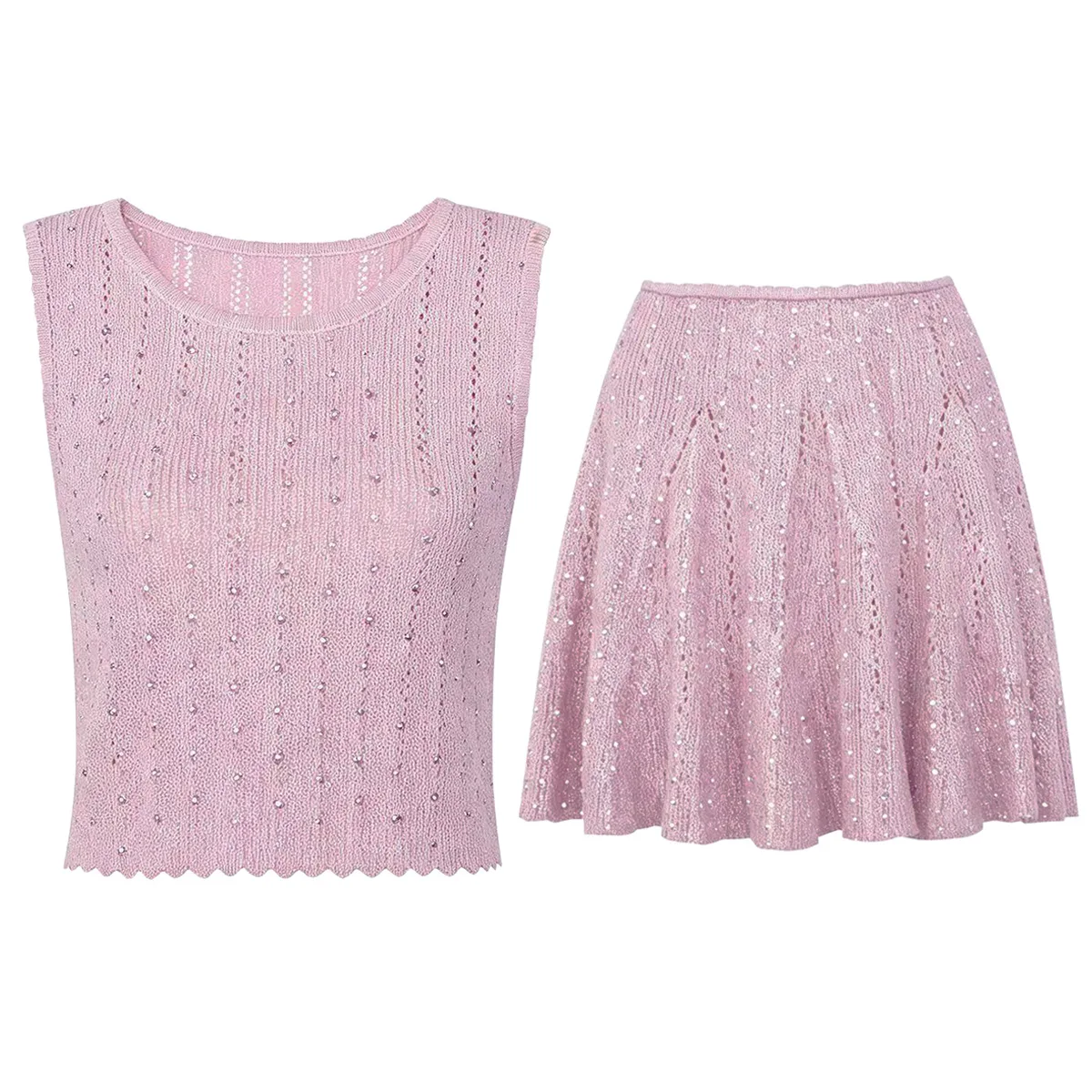 

2026 Pink/Black/White Knitting Women's Tops And Skirts High End Beads Women's 2 Pieces Sets 61305