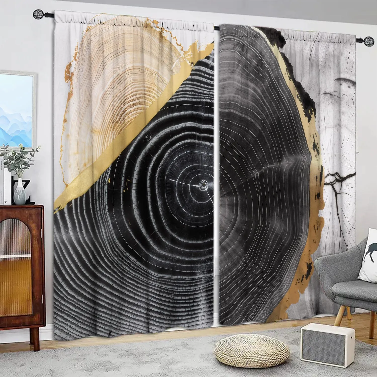 Wood Grain Curtain, Tree Ring Cross Section Print Drape, Nordic Abstract Nature Window Treatment for Living Room Bedroom Home