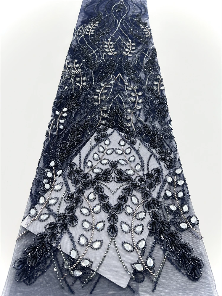 イブニングドレス用のヘビービーズレース生地、手作り刺繍、ブライダルクリスタルストーン、高級フレンチレース生地