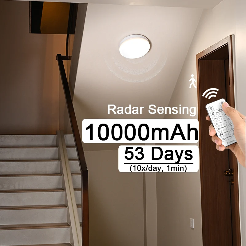 

10000mAh Radar Motion Sensor Ceiling Light with Remote Wireless LED Light No Wiring Adjustable Color Temperature Lamp for Shower