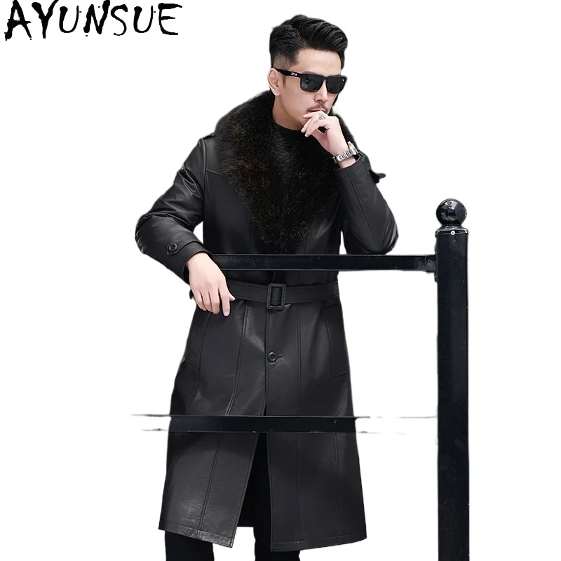 AYUNSUE Real Cowhide Jackets for Man Winter Long Men's Leather Trench Coat Detachable Down Liner Puffer Coats Raccoon Fur Collar