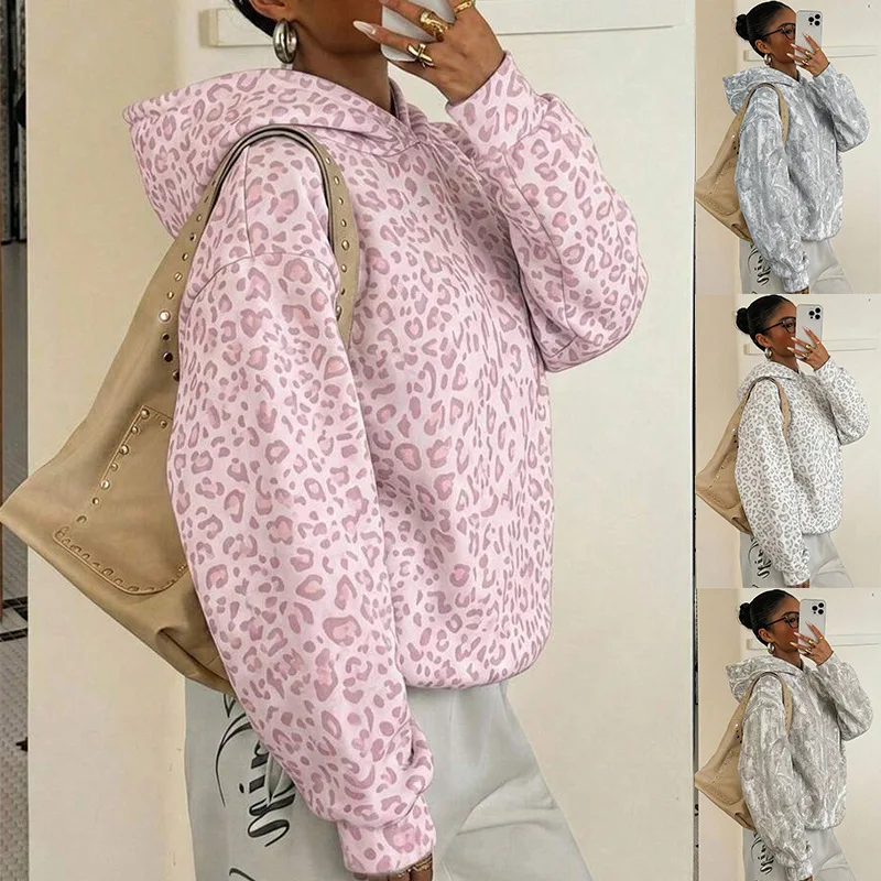 European and American 2026 Autumn/Winter New Women's Hoodie with Leopard Print Long Sleeve Casual Sweatshirt
