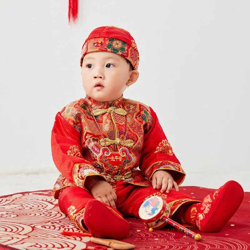 New Year's Greetings Red Suit Children's Baby Tang Suit Hanfu Cosplay Costumes Exquisite Printed Embroidery Ancient Clothing