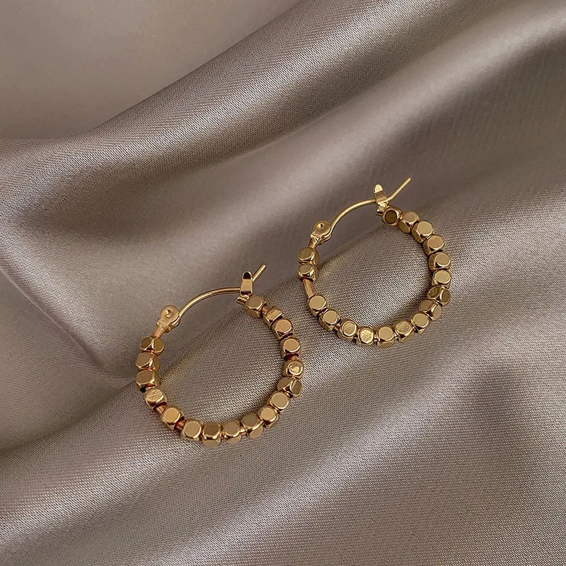 Gold Color Square Beaded Hoop Earings Exquisite Hollow Round Earrings For Women Party Wedding Geometric Ear Jewelry Gifts image 4
