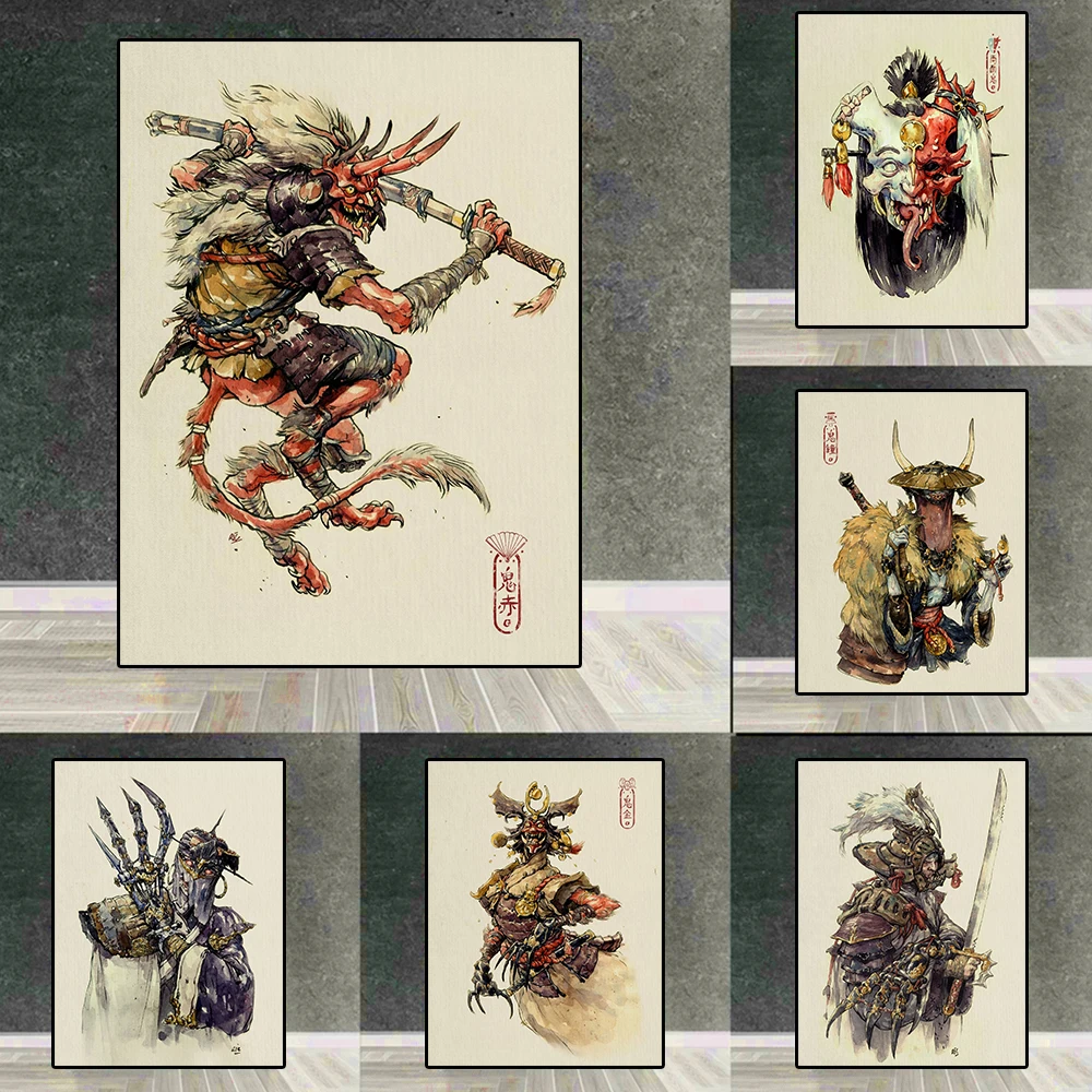 Japanese Demon Traditional Two-Faced Red Gold Oni Art Ink Poster Wall Graffiti Canvas Painting Print Bedroom Home Decor Pictures