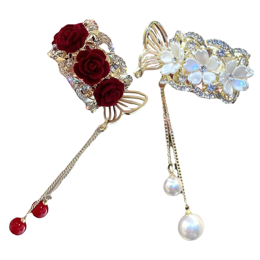 

2Pcs Rose Flower Hair Cuffs Alloy Ponytail Clips Decorative Claw Clips for Women Thick Thin Curly Straight Hair