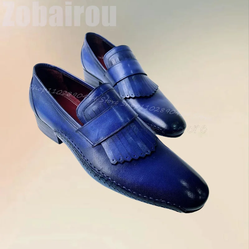 Sepatu pantofel pria desain jahit rumbai biru Fashion Slip On sepatu pria pesta pesta Pesta Jamuan makan kantor sepatu pria