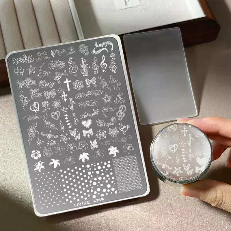 Polka Dot Bow Lily Butterfly Star Heart Snowflake Nail Art Transfer Printing Steel Plate Silicone Template Set Accessory