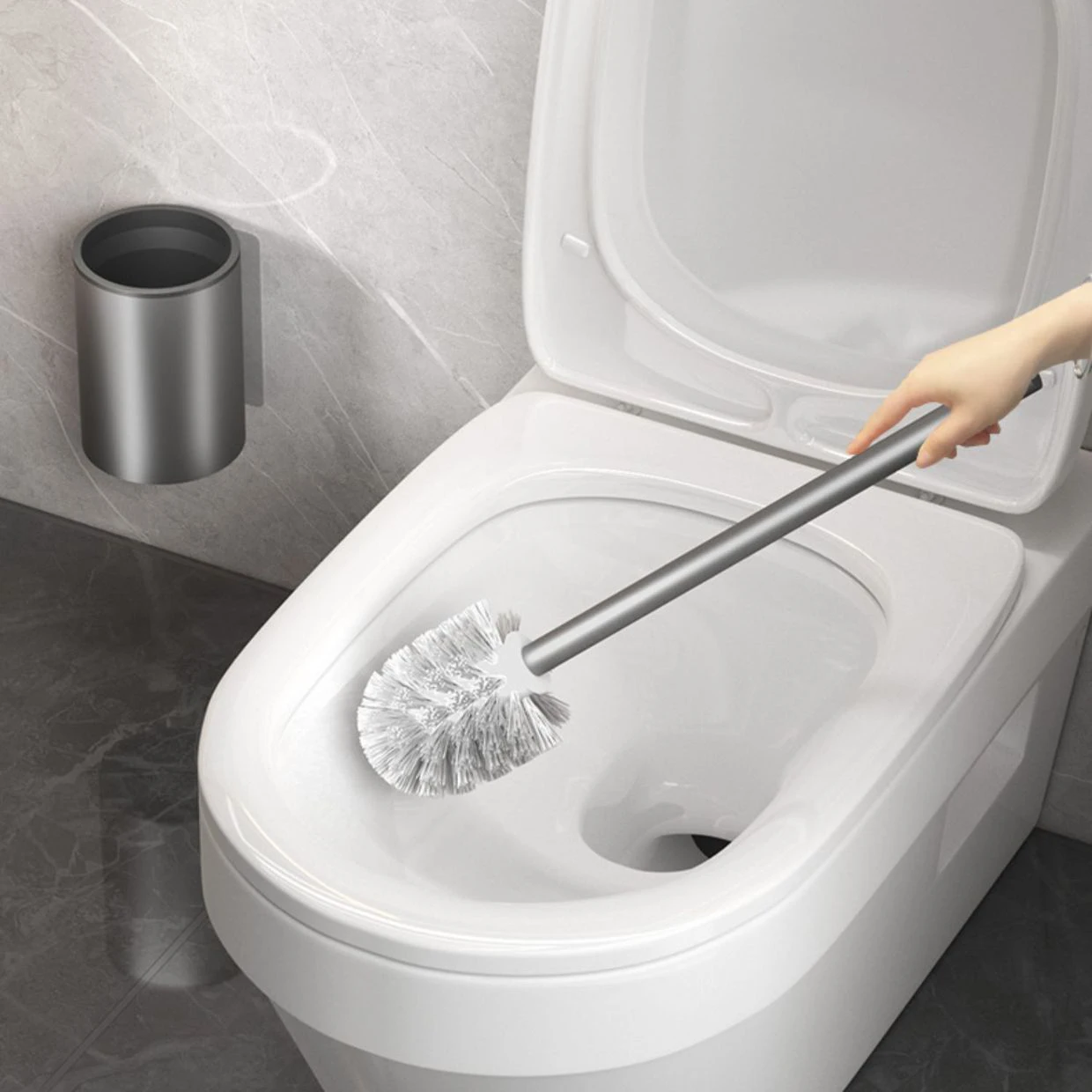 Toilet Brush & Holder Stainless Steel Handle Deep Cleaning Space Saving for Storage Easy to Assemble Nylon Bristles White & Grey