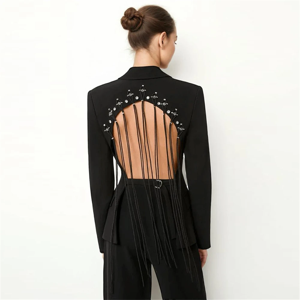 

Sexy Backless Suit Jacket for Women with Feather Tassel and Crystals Suit Blazer Slim Fitting Coat Cocktail Dress