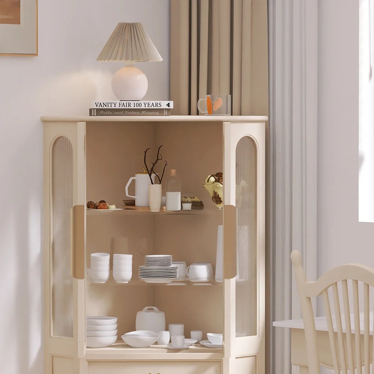 خزانة زاوية فرنسية بسيطة، خزانة مشروبات للتخزين المنزلي، خزانة بحافة الرياح مزدوجة وكريمية #4