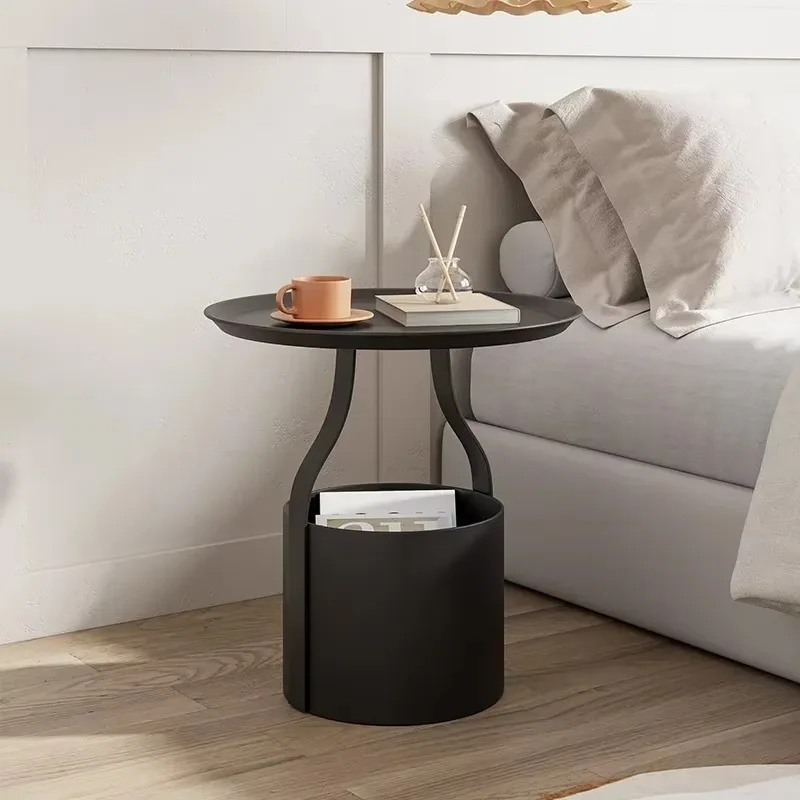 Nordic Minimalist Movable Side Table, Iron Storage Bucket Small Coffee Bedside Table for Living Room Balcony Bedroom Home Decor