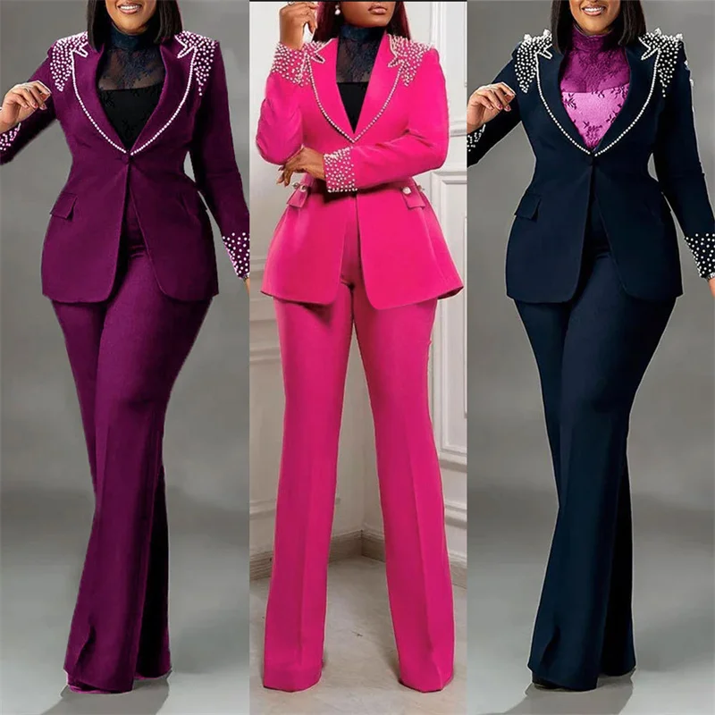 Luxury Elegant Formal Two Piece Set for Women Matching Sets Office Lady Club Business Pearls Blazer Coat and Wide Leg Pant Suits