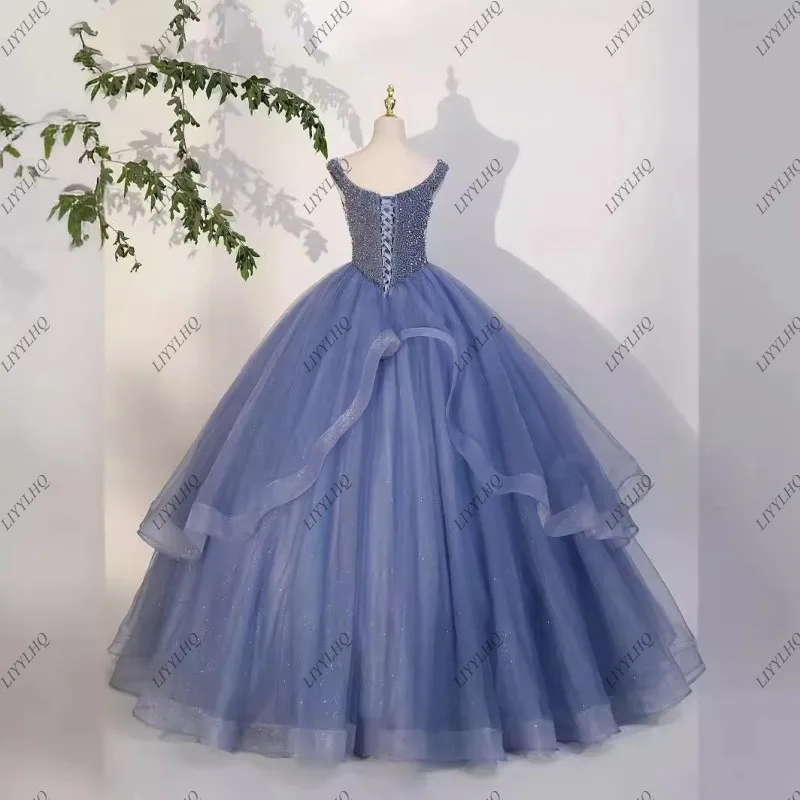 Пыльное синее бальное платье, платья для Quinceanera, тюлевые платья с бусинами и блестками, кружевные платья принцессы на день рождения, женское платье 15 лет