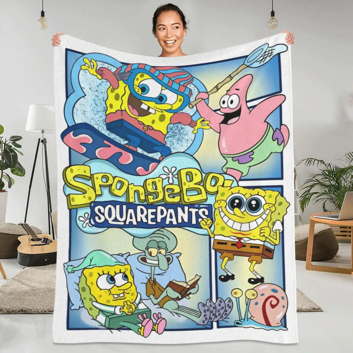 Blanket Decorative Cartoon Funny S-SpongeBobed Throw Blanket American Animated Television Flannel Bedspread For Sofa Bed Cover