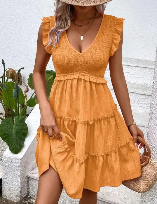 

Summer Vacation Sleeveless Patchwork Dress Casual Solid Color Short Skirt for Women
