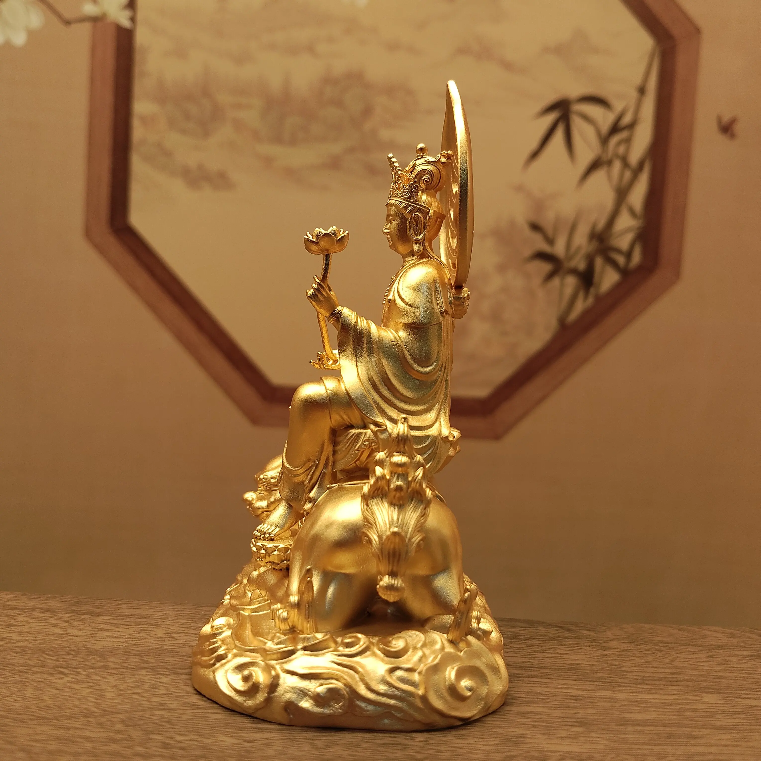 Tibetan Ethnic Fine Gold-Plated Samantabhadra Protector Bodhisattva Statue 10cm Home Office Living Room Altar Blessing