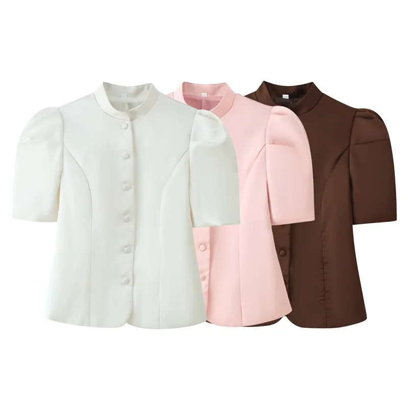 

Повседневный топ Y2K с коротким рукавом, розово-белый, универсальный, трехцветный, с воротником-стойкой и рукавами-фонариками, для женщин