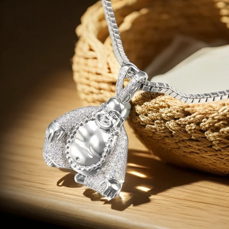 VANAXIN Happy Buddha Pendant Necklaces Charm Punk Jewelry for Men Fashion Bling Cubic Zirconia Women Gift