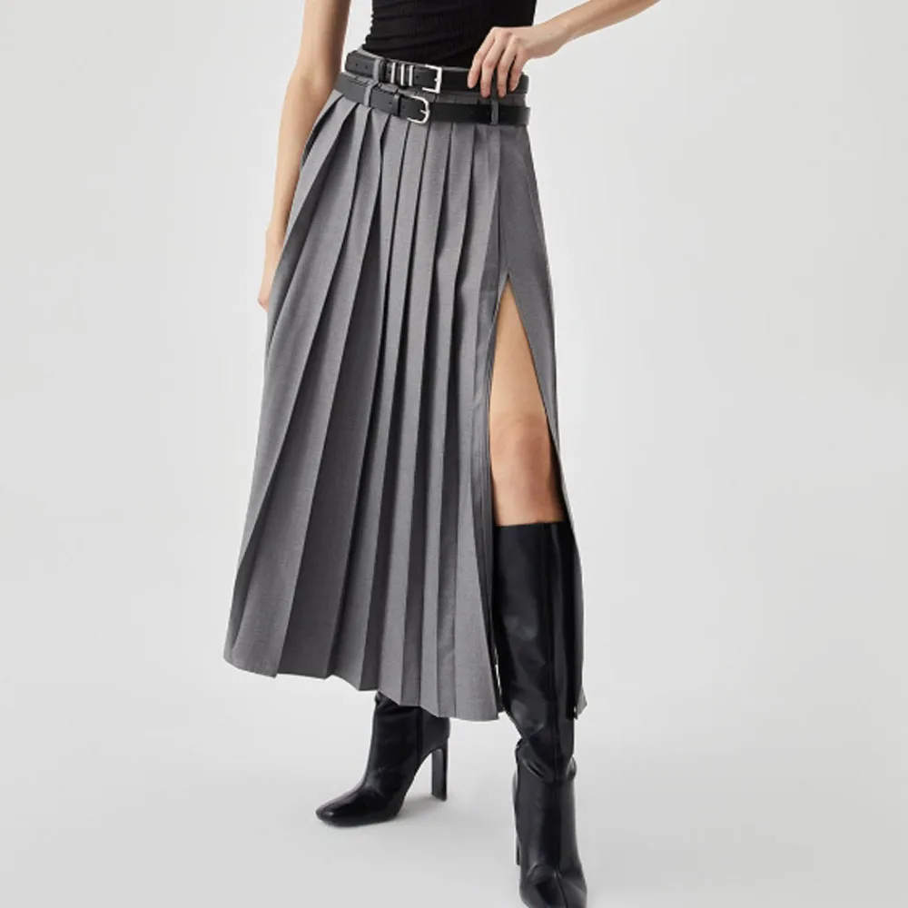 Fashion Side Slit Black Pleated Long Skirt Women Summer Autumn Sexy High Waisted Skirts Long Saia Feminina