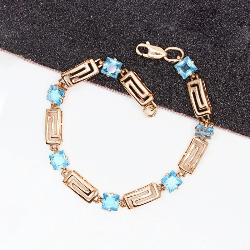 Original 585 Purple Gold Bracelet for Women Plated 14K Rose Gold Inlaid Blue Gem Square Fashion Bangles Charm Jewelry