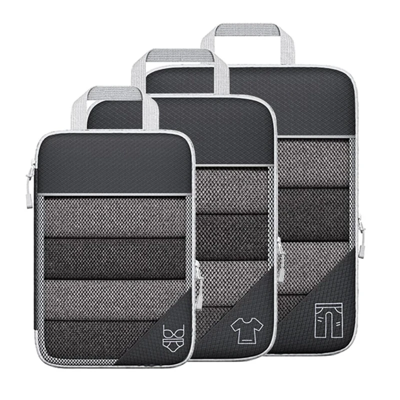 

3Pcs Portable Bags Travel Compressible Storage Pouch Set Mesh Visual Luggage Organizer,Black Durable Easy To Use