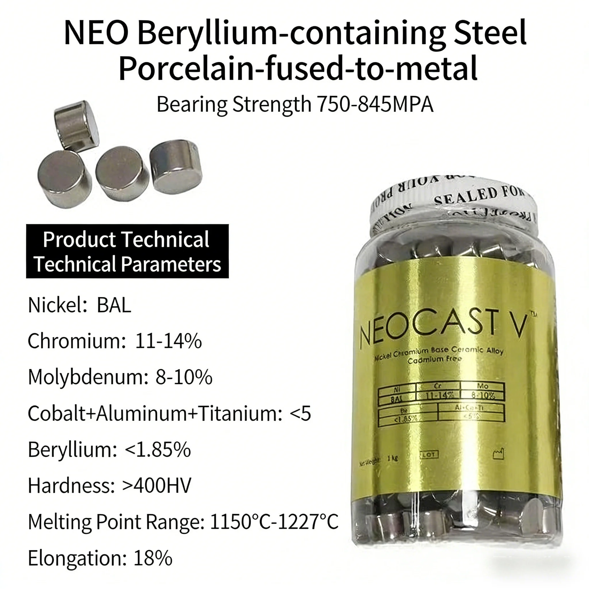 

NEODONTICS Neocast-V Ni-Cr Dental Alloy, Beryllium-Enhanced for PFM Crown, 1kg for Lab