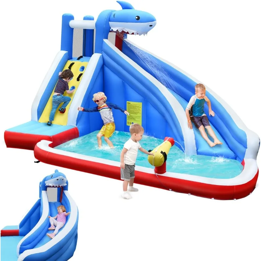 Opblaasbare waterglijbaan, opblaasbaar springhuis met haaienthema met lange glijbaan, draagtas, groot splashzwembad, klimmuur, water Gu