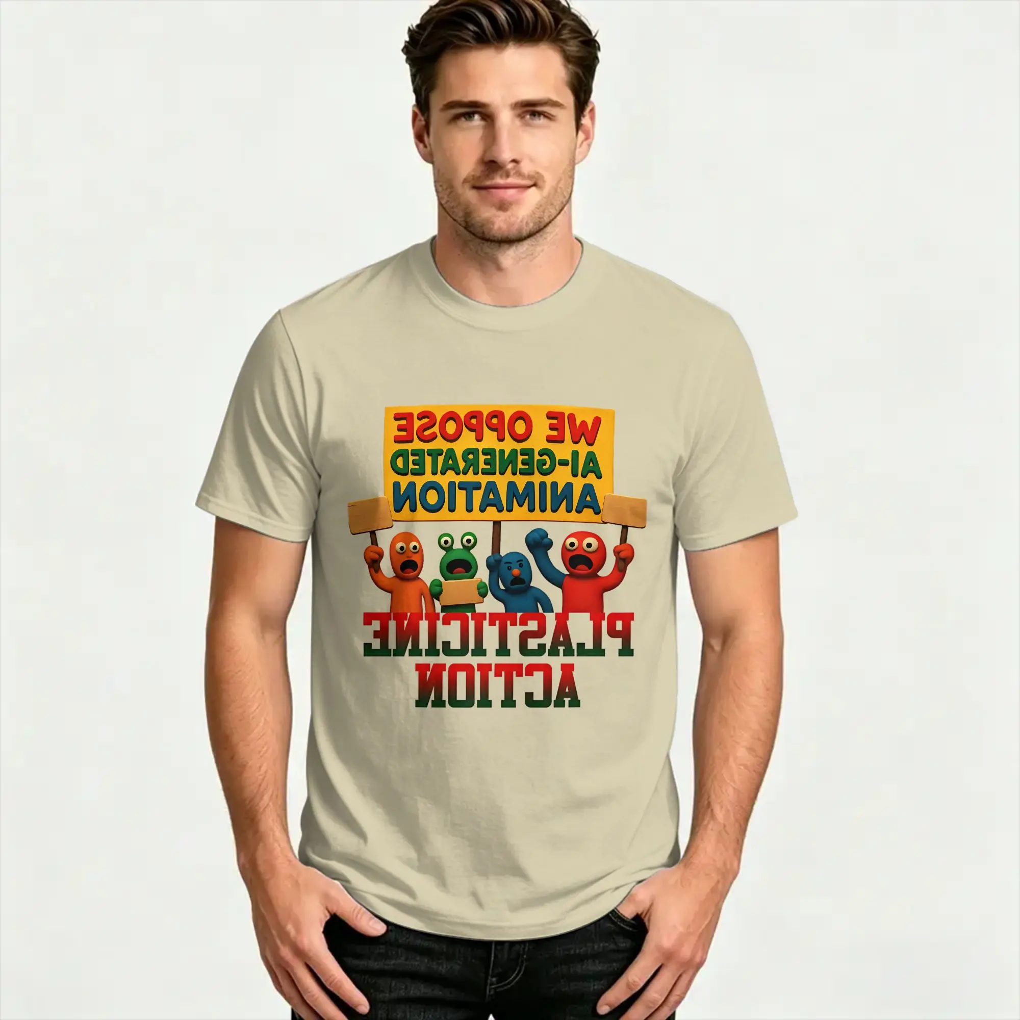 We Oppose AI Genrated Animation T Shirts Plasticine Action Pure Cotton Clothes Short Sleeve Crew Neck Tees Printing T-Shirt