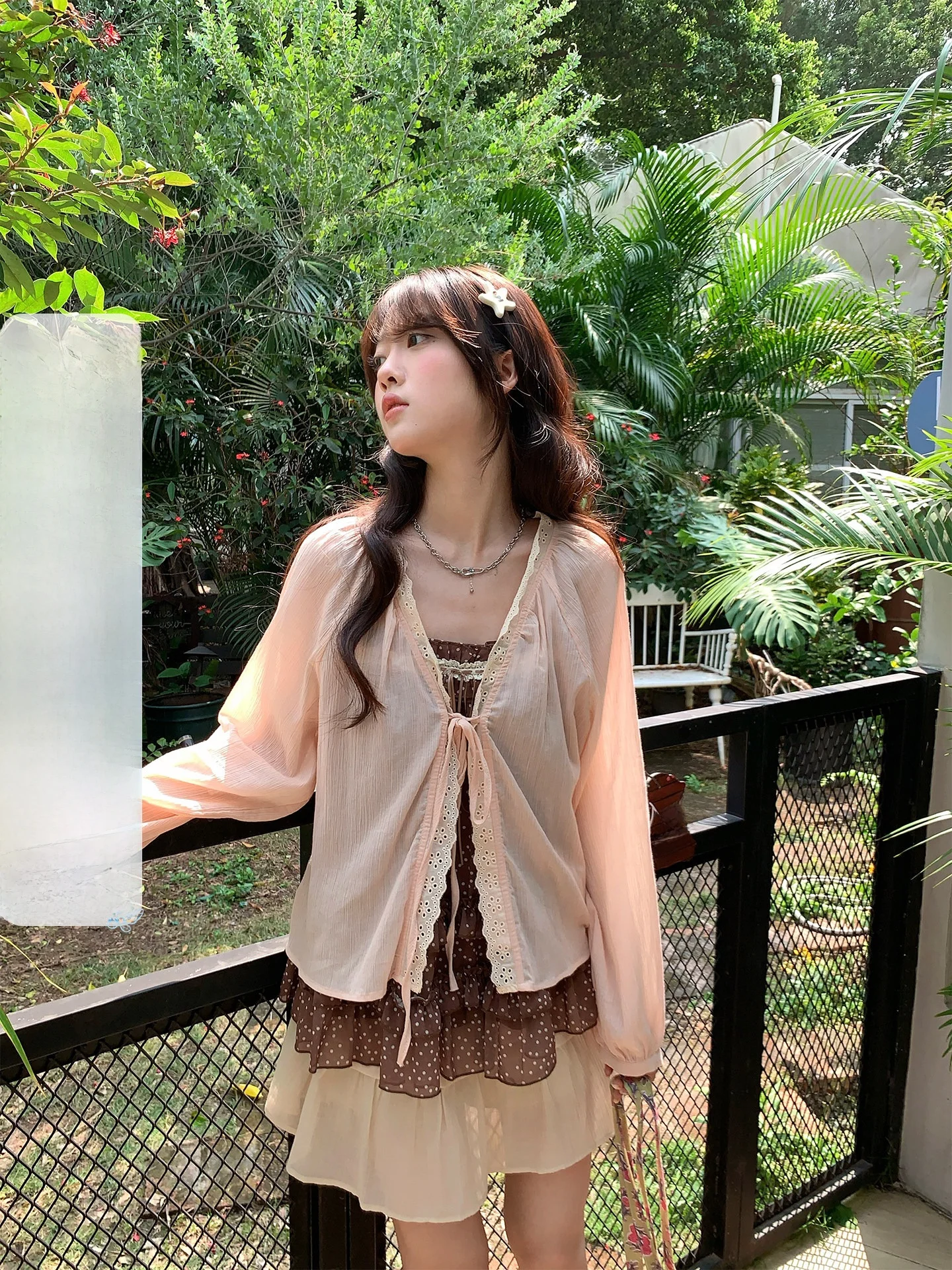 

Loose Korean Style Long Sleeve Sun Protection Cardigan Hollyii Spring New Arrival Lightweight Floral Trim Belted Women's Top