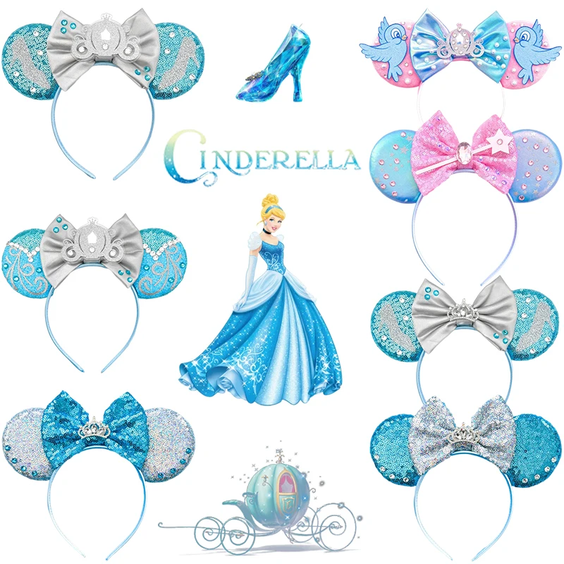 Disney Anime Cinderella Hair Accessories For Women Crystal Shoes Ears Headbands Girl Pumpkin Car Bow Hairband Kids Carnival Gift