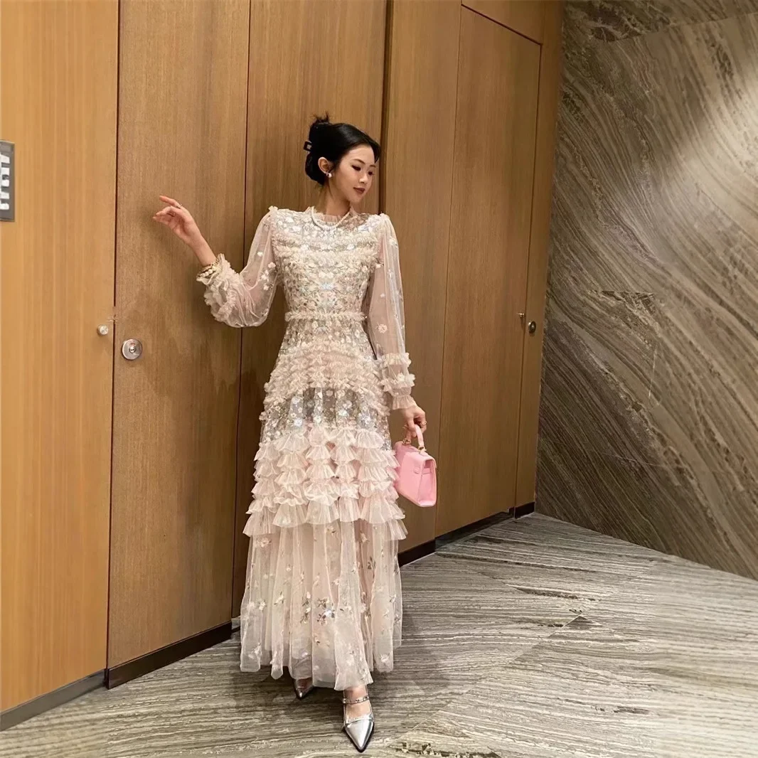 الربيع الصيف حالمة الجنية زهرة التطريز تول فستان طويل ماكسي تنورة نمط الأزهار طباعة ثوب مسائي الملابس النسائية #4