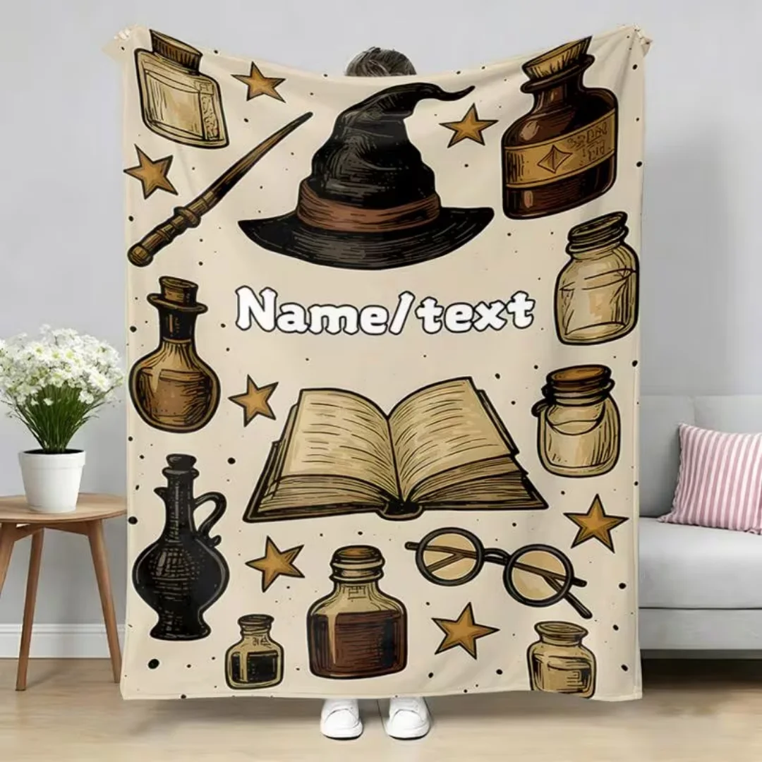 Custom Name Text Magic Element Flannel Blanket, Wizard Hat Wand Magic Book Print Throw for Sofa Bed Travel Camping Office