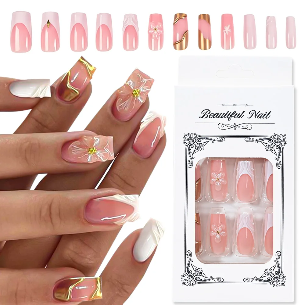 24 pezzi 3D fiori intagliati morbidi e specchio in polvere per sfregamento d'oro Unghie finte Unghie a pressione floreali francesi Unghie Flase di San Valentino *