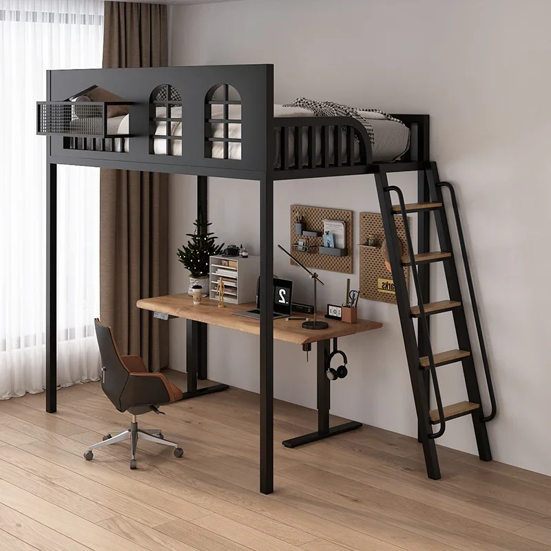 Cama individual de hierro forjado para niños, piso superior, apartamento pequeño debajo de la mesa, cama elevada, segundo piso, ahorro de espacio