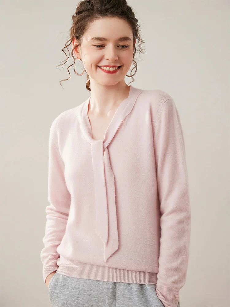 

Chic Elegant Luxury Women's Clothing Autumn Winter Bow Tie Pullover 100% Cashmere Soft knitwear Simple Basic Sweater Casual Tops