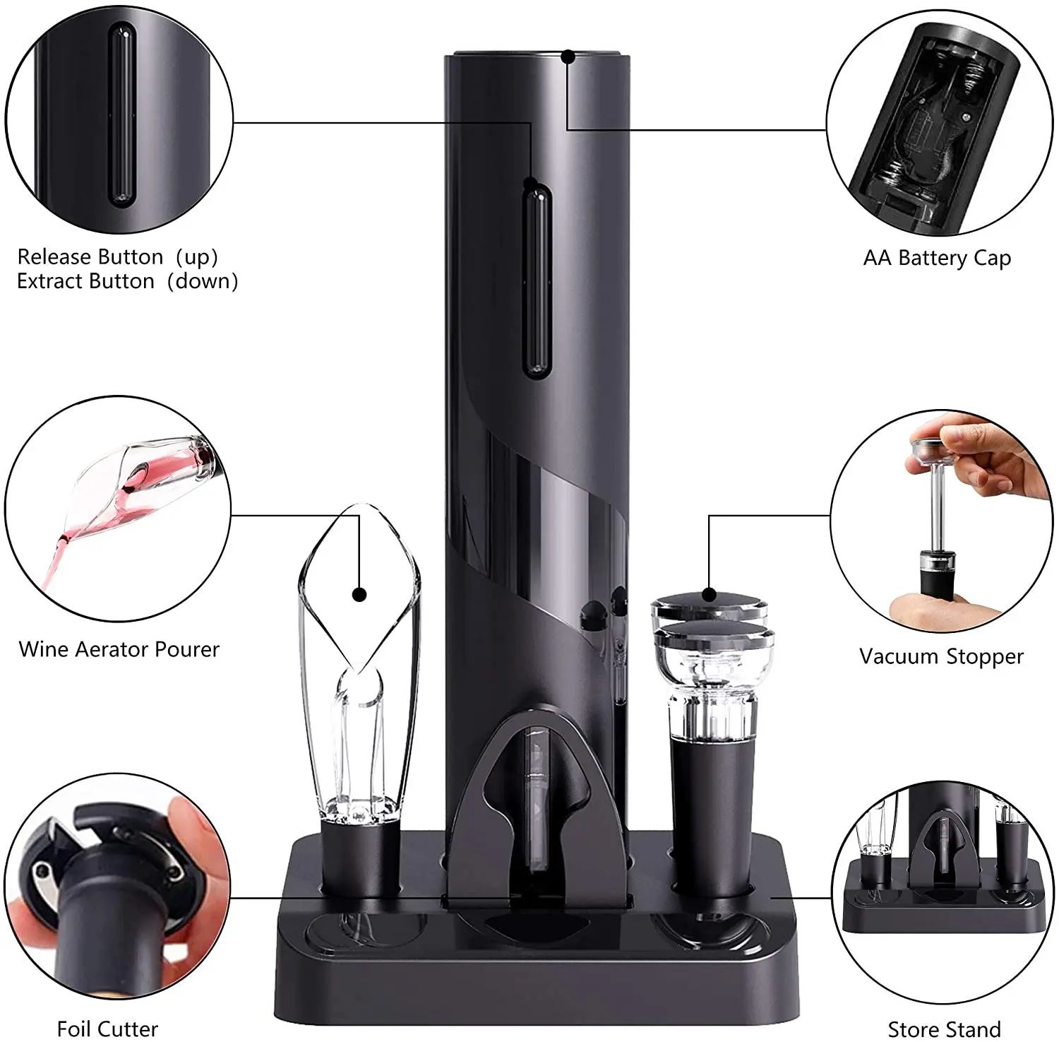 Circle joy Electric Wine Opener Set Operated Wine Bottle Corkscrew Opener with Foil Cutter, Wine Aerator Pourer, Vacuum Stoppers