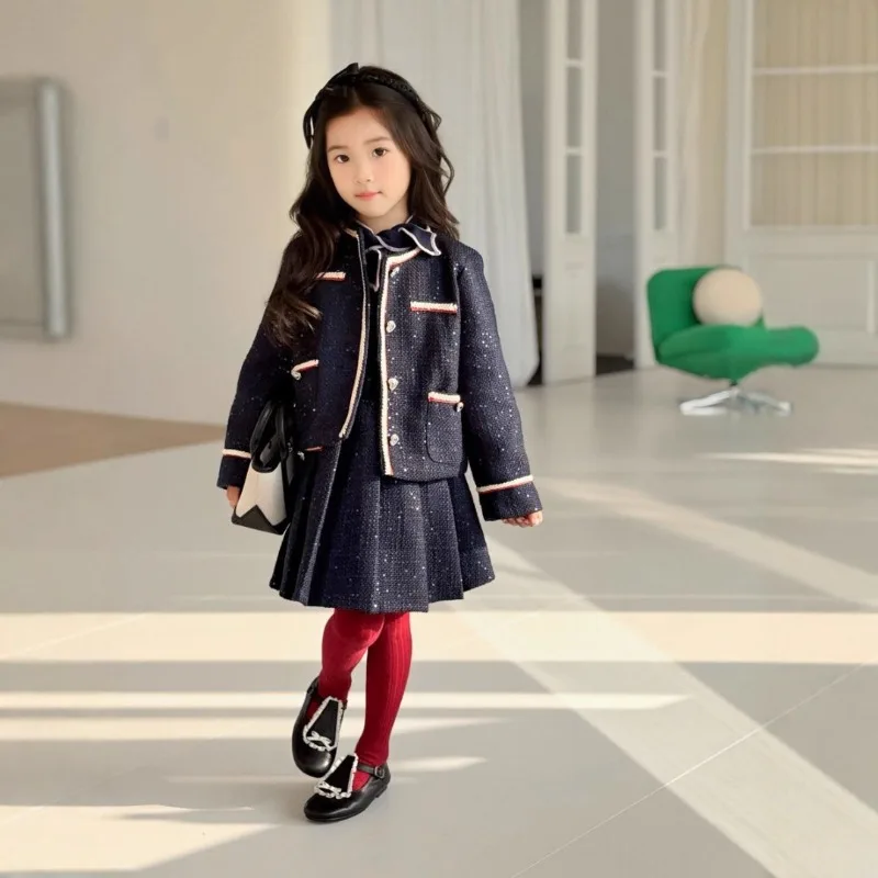 autumn-and-winter-new-middle-aged-and-older-children's-sequined-small-fragrant-jacket-pleated-skirt-two-piece-set-trendy