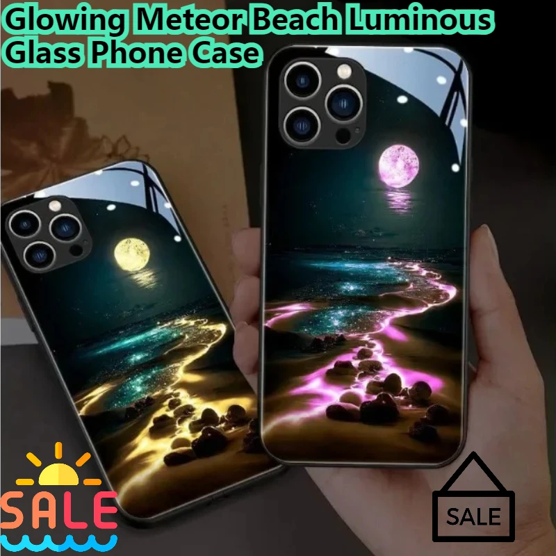 

For Iphone16 15 14 13 12Pro Max Plus Shockproof Protector Cover LED Call Light Up Glowing Meteor Beach Luminous Glass Phone Case