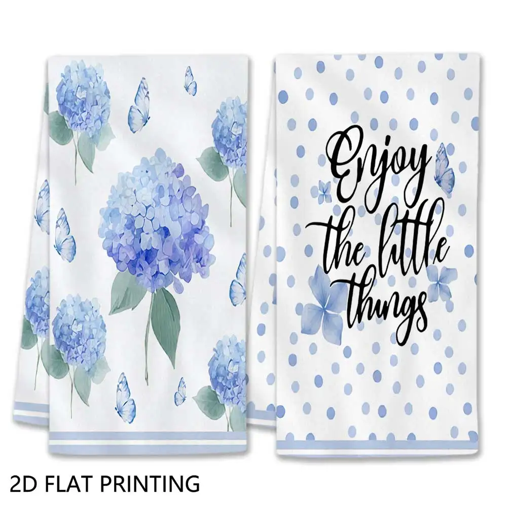 Jit 2pcs Hydrangea Butterfly Polka Dot Quote Pattern Dish Towels For Home Kitchen Floral Lovers Decor