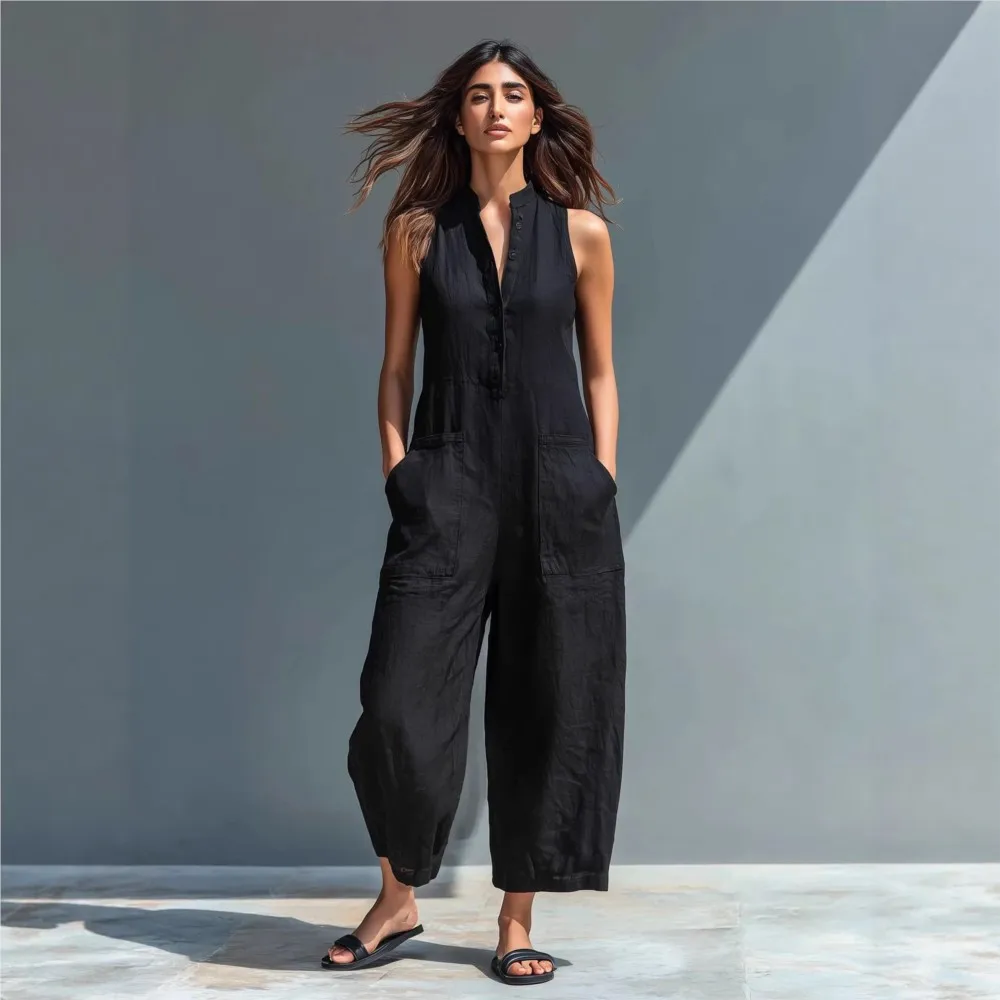 

Casual Cotton Linen Jumpsuit Elegant Solid Color Versatile Summer Stand-up Collar Sleeveless Mid-waist Pocket Wide-leg Jumpsuit