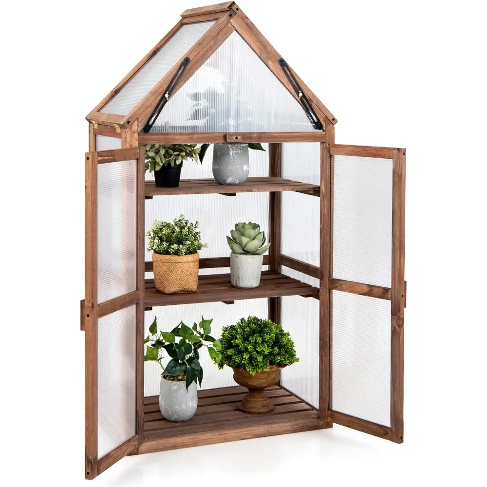 Mini Wooden Greenhouse Raised Flower Planter Shelf w/Transparent Openable Roof, Double Doors & 3 Tier Shelves, Greenhouses